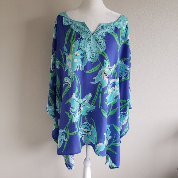Quacker Factory Top Poncho Cover-Up Bold Floral Tropical Lace Flowy Plus Size 3X - Picture 1 of 6